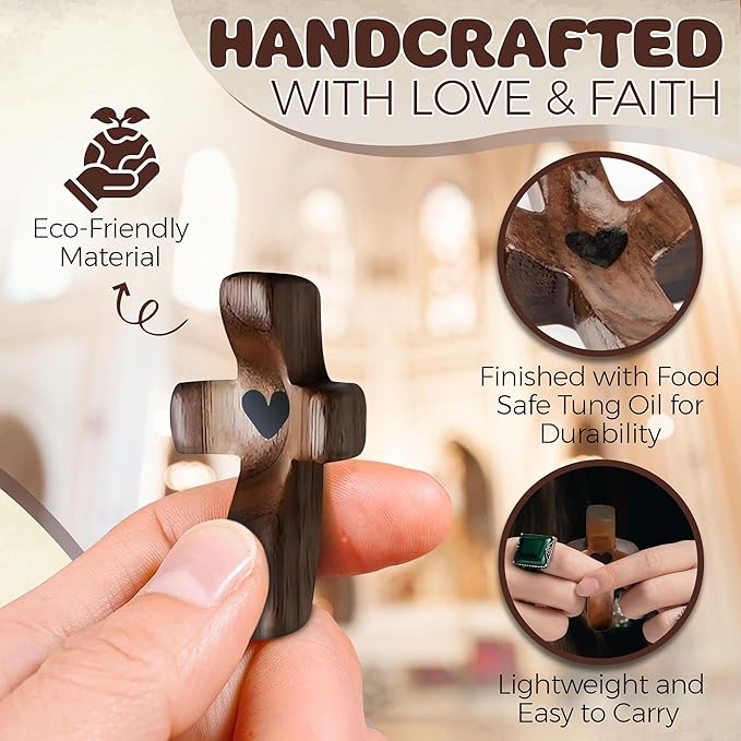 Cross My Heart,Wooden Cross,Encouragement Gift Stress Relief Cross,Prayer Cross for Hand,Pocket Cross Christian Gifts for Women and Fidget Toys for Children and Adults(Black 7Pcs