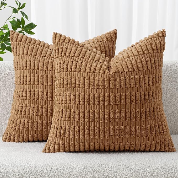 MIULEE Pack of 2 Corduroy Decorative Throw Pillow Covers 20x20 Inch Soft Boho Striped Pillow Covers Modern Farmhouse Home Decor for Sofa Living Room Couch Bed Brown