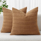 MIULEE Pack of 2 Corduroy Decorative Throw Pillow Covers 20x20 Inch Soft Boho Striped Pillow Covers Modern Farmhouse Home Decor for Sofa Living Room Couch Bed Brown