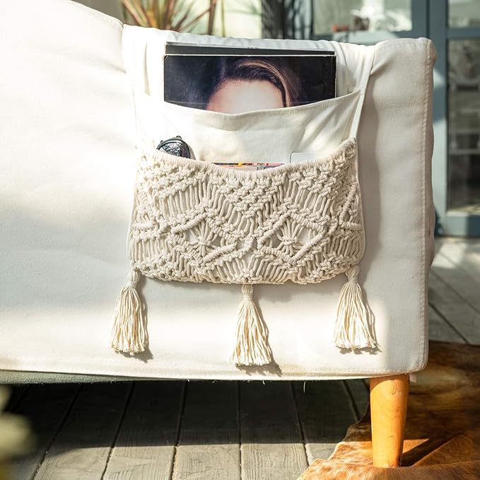 Mkono Macrame Couch Organizer Remote Control Caddy Sofa Armrest Armchair Bedside Storage Holder Bag for TV Remote, Magazine, Books, Cell Phone, iPad, Boho Living Room Home Dorm Decor, Beige
