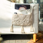 Mkono Macrame Couch Organizer Remote Control Caddy Sofa Armrest Armchair Bedside Storage Holder Bag for TV Remote, Magazine, Books, Cell Phone, iPad, Boho Living Room Home Dorm Decor, Beige