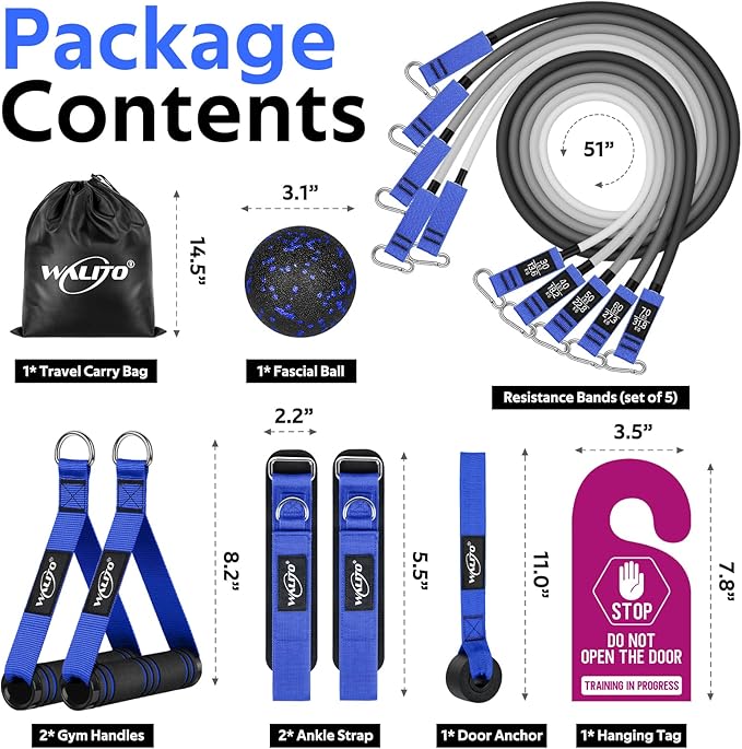 WALITO Resistance Bands Set - Exercise Bands with Handles, Door Anchor, Legs Ankle Straps, for Heavy Resistance Training, Physical Therapy, Muscle Training, Yoga, Home Workouts, Gym