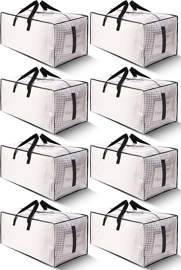 8 Pack Large Strong Moving Bags with Zippers & Carrying Handles - Water-Resistant - Heavy Duty Storage Tote for Space Saving, Fold Flat, Alternative to Moving Box (Semi-Transparent)
