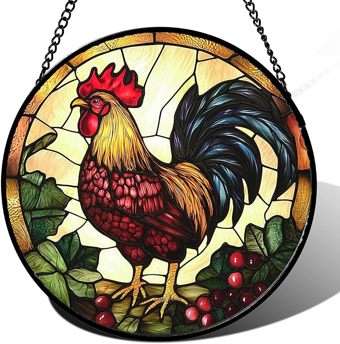 Stained Glass Window Hanging, Colorful Big Cock Sun Catcher for Window Door Home Decor, Chicken Suncatcher Christmas Mother's Day Birthday Gifts for Women Men Mom and Nana 6.3 in