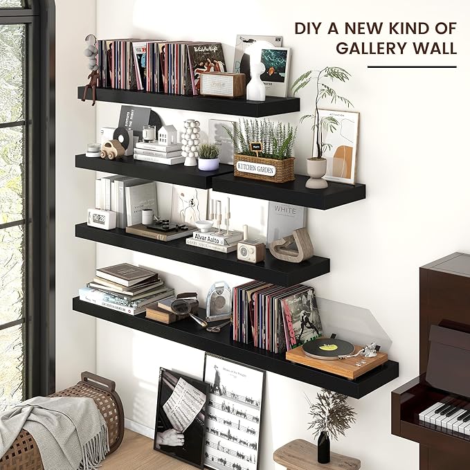 Venusmiles Floating Shelves for Wall, 40" W x 12" D x 2" H, 2 Pack of Long Wall Mounted Engineered Wood Shelves with Invisible Brackets for Living Room, Bedroom, Bathroom, Kitchen Decor, Black