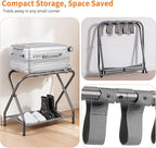 Heybly Luggage Rack for Guest Room, Pack of 2, Steel Folding Suitcase Stand with Storage Shelf for Bedroom, Hotel, Foldable Steel Frame, Guest Room, 26.2" L x 14.4" W x 20.5" H, Gray HLR004G2