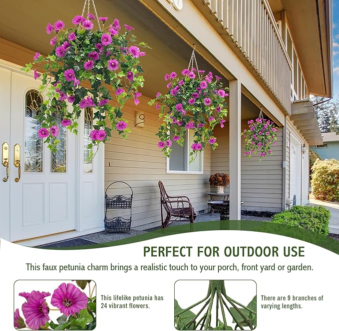Artificial Flowers Faux Outdoor Plants Artificial Petunias for Outdoors Uv Resistant Fake Petunias Plants Hanging Flower Patio Decor Outside Basket Realistic Silk Plant No Pot(Purple 2pcs)
