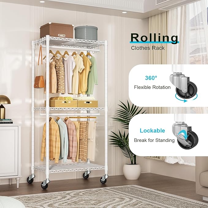 FUTASSI P3 Mini Rolling Clothes Rack, Clothing Racks for Hanging Clothes, Heavy Duty Garment Rack, Freestanding Portable Closet Rack 23.6'' W x 14'' D x 78.5'' H, Max Load 430 Lbs, White