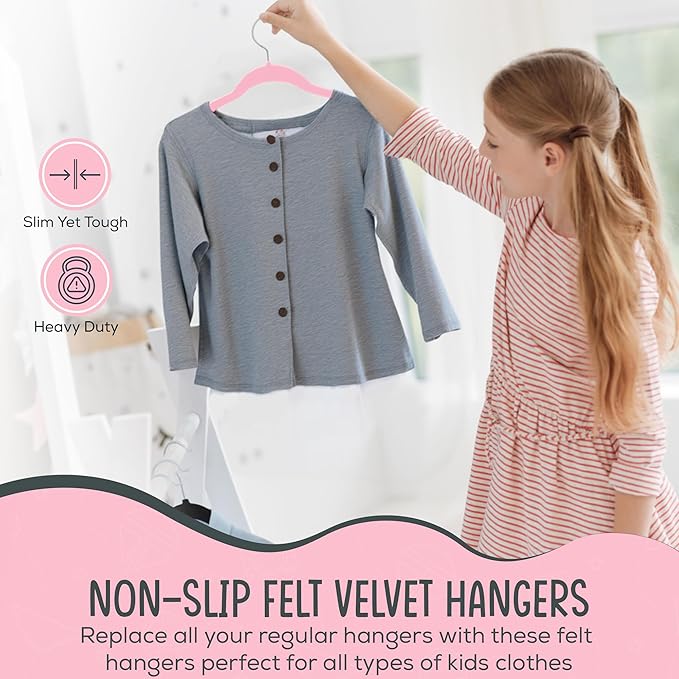 50 Premium Kids Velvet Hangers - 14" Non-Slip Clothes Hangers for Kids & Preteens - Ultra Slim, Space-Saving, Strong & Durable Hangers with 360° Swivel Hook - Pink