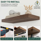 Floating Shelves for Wall 36 in x 9.3 in Deep, Wall Mounted Rustic Wood Shelf with Invisible Brackets for Storage & Display, Living Room Bedroom Bathroom, Walnut, 2 Pack