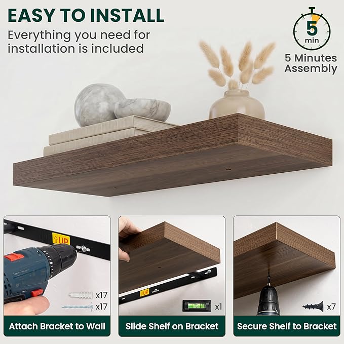 Floating Shelves for Wall 36 in x 9.3 in Deep, Wall Mounted Rustic Wood Shelf with Invisible Brackets for Storage & Display, Living Room Bedroom Bathroom, Walnut, 2 Pack
