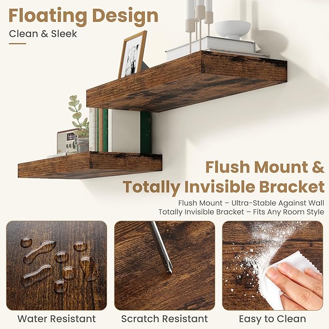 FLYJOE 24 Inch Long Floating Shelves for Wall Set of 1, 12" D Wood Grain Bathroom Shelves with Invisible Brackets, Easy Install Engineered Wood Storage Shelves for Kitchen, Living Room, Bedroom