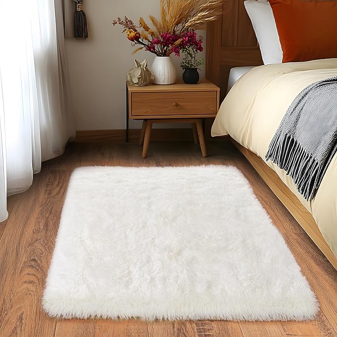 Small Area Rug, 2x3 Rug for Bedroom Shaggy Throw Rugs for Dorm Rug, Soft Shag Carpet for Kids Room, Plush Comfy Fluffy Bedside Rug for Home Decor Aesthetic, Cream White