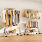 Double Rods Clothing Rack, Heavy Duty Clothes Rack for Hanging Clothes Load 560LBS, Metal Rolling Garment Racks with Wheels, Freestanding Clothes Hanging Racks, Silver