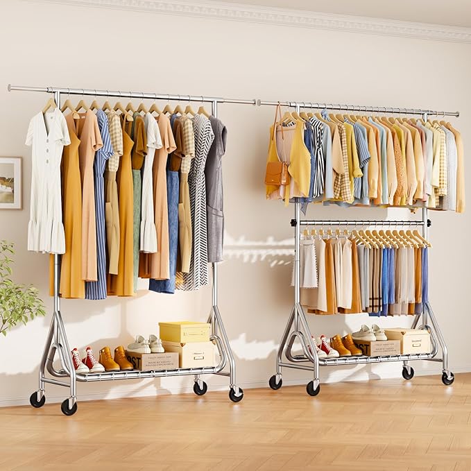 Double Rods Clothing Rack, Heavy Duty Clothes Rack for Hanging Clothes Load 560LBS, Metal Rolling Garment Racks with Wheels, Freestanding Clothes Hanging Racks, Silver