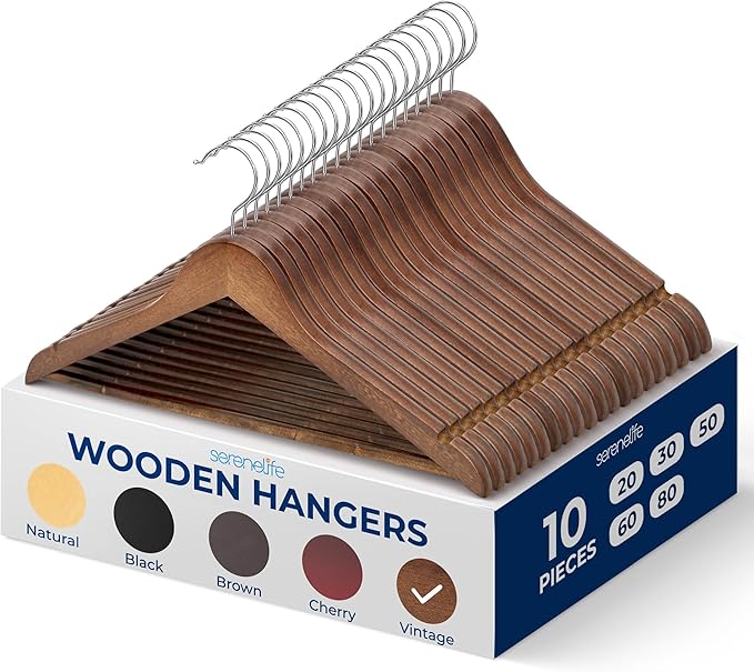 SereneLife 10-Pack Vintage Wooden Suit Hangers – Premium Solid Wood Coat Hangers with 360° Swivel Hook & Notches – Heavy-Duty, Space-Saving Design for Shirts, Jackets, Dresses & More