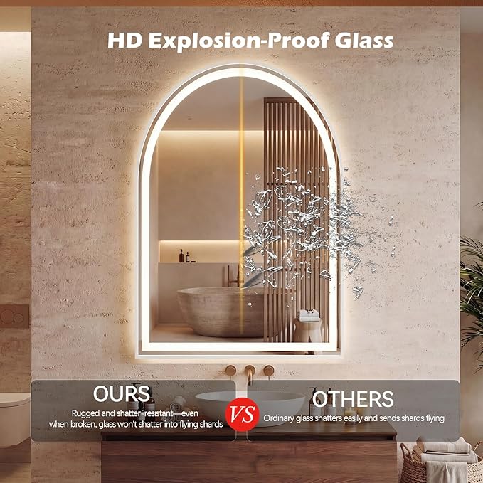 Sweetcrispy 24“x 36” LED Bathroom Backlit Mirror with Lights, Arched Vanity Mirrors with Anti-Fog, Dimmable, 3-Color Light, Memory Function, Tempered Glass
