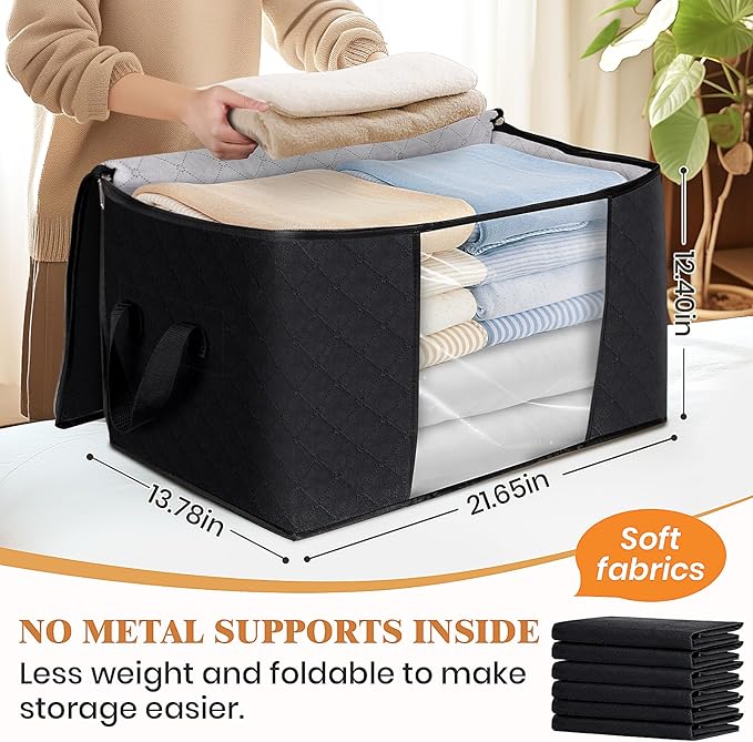 Fab totes Storage Bags,Clothes Blanket Storage Bins Foldable Closet Organizers with Reinforced Handle for Home Dorm Storage and Organization,Fabric Bags for Organizing Sheets,Clothing (Black,6 Pack)