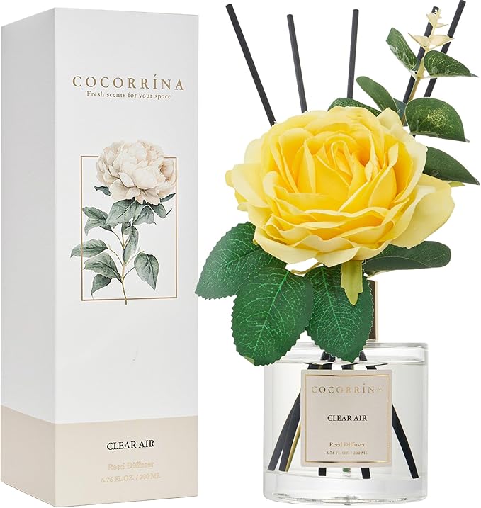 Cocorrina Reed Diffuser Set, Flower Reed Diffuser Clear Air 6.7 oz, Scented Diffuser with Sticks Home Fragrance Essential Oil for Bathroom Shelf Decor, Living Room, Large Room, 1pack