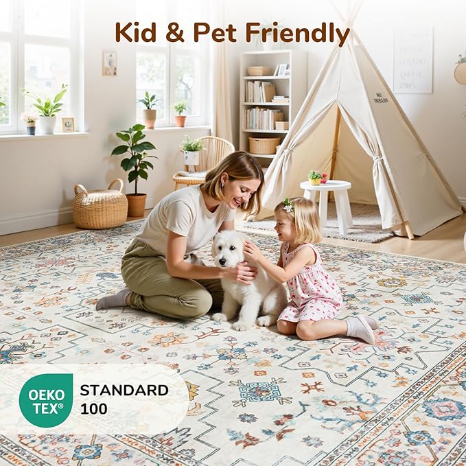 Lessymo Washable 9x12 Area Rug for Living Room, Large Rugs for Bedroom Dining Nursery Room, Soft Non-Slip Vintage Floral Oushak Carpet, Boho Colorful Pastel Farmhouse Decor, Multi/Ivory