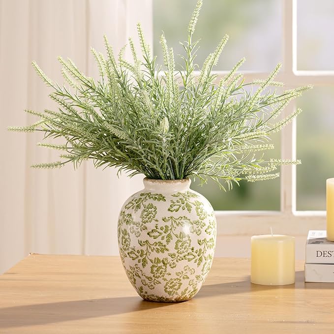 Ceramic Vintage Vase, Green Flower Decorative Vase Chinoiserie Decor Rustic Farmhouse Retro Floral Vases for Table Bookshelf Mantel Kitchen Living Room Office- 7.8inch Green