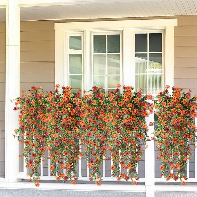 Artificial Fall Fake Flowers for Outdoor Fall Decoration,2 Pcs Faux Hanging Flowers Outdoor Fall Decor,UV Resistant Look Real Faux Mums Silk Flower for Outside Home Porch Patio Yard Balcony Planter