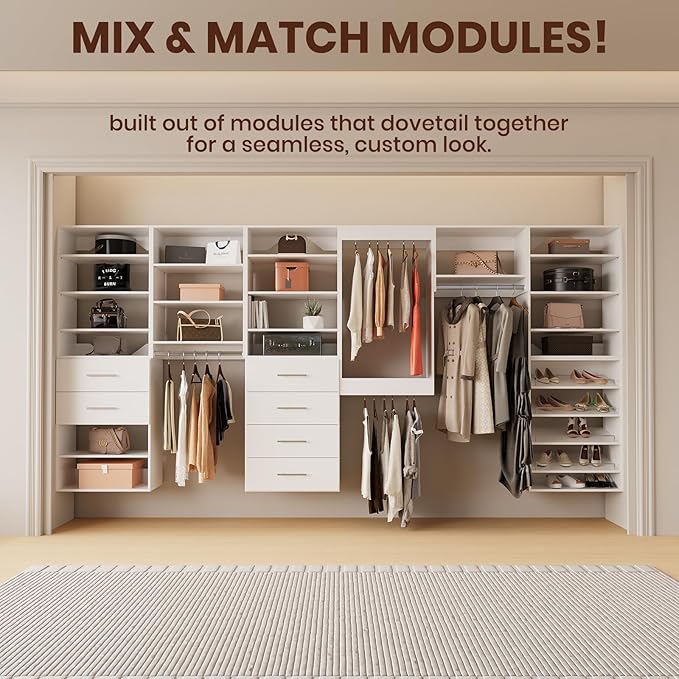 ROOMTEC Modular Closet System, 60" Wall Mounted Modern Closet Organizer with Hanging Rods and Drawers, Wooden Tower for Walk-In Closets, Wardrobe Storage Kit, White