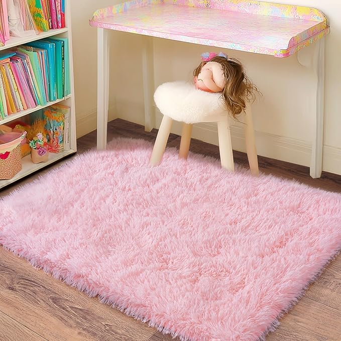 Small Area Rug, 2x3 Pink Rug for Bedroom Shaggy Throw Rugs for Girls Room, Soft Carpet for Kids Room, Plush Non-Slip Fluffy Bedside Rug for Living Room Nursery Dorm Home Decor