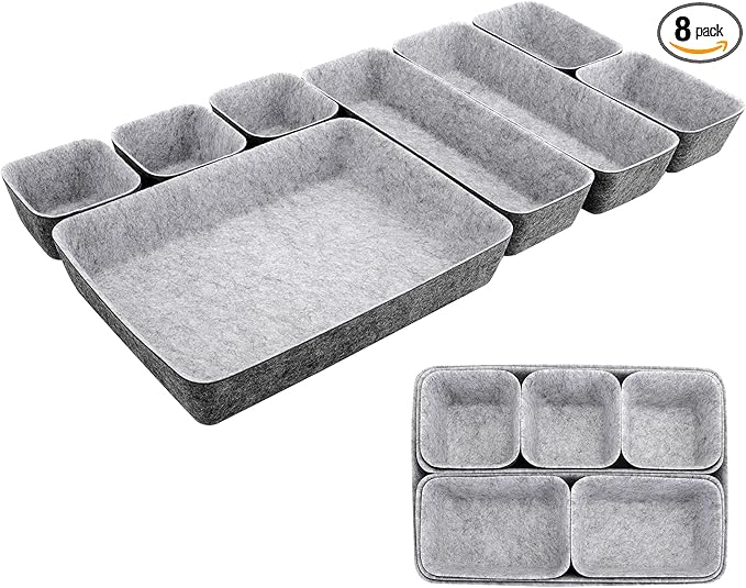 8pcs Drawer Organizers, Separators, Storage Box,Felt Storage Bins Inserts Tool Containers Toy Basket Shelf Cubes Foldable Drawer Dividers Desk Organisers -Grey Matching