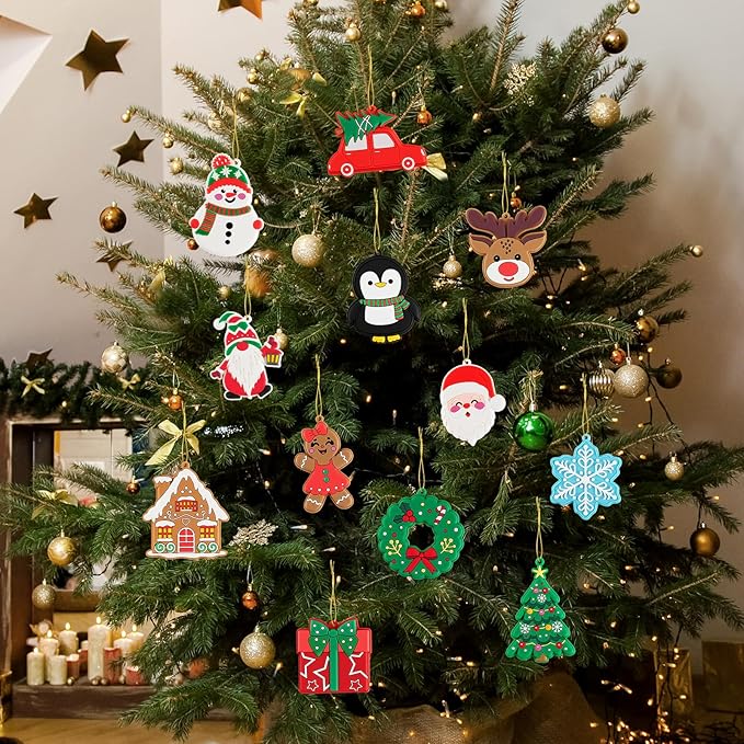kockuu Christmas Ornaments for Tree Decorations, 12pcs Soft PVC Hanging Ornaments Snowflake Gingerbread House Snowman for Christmas Tree Gift Box, Winter Holiday Party, Home, Office Decor