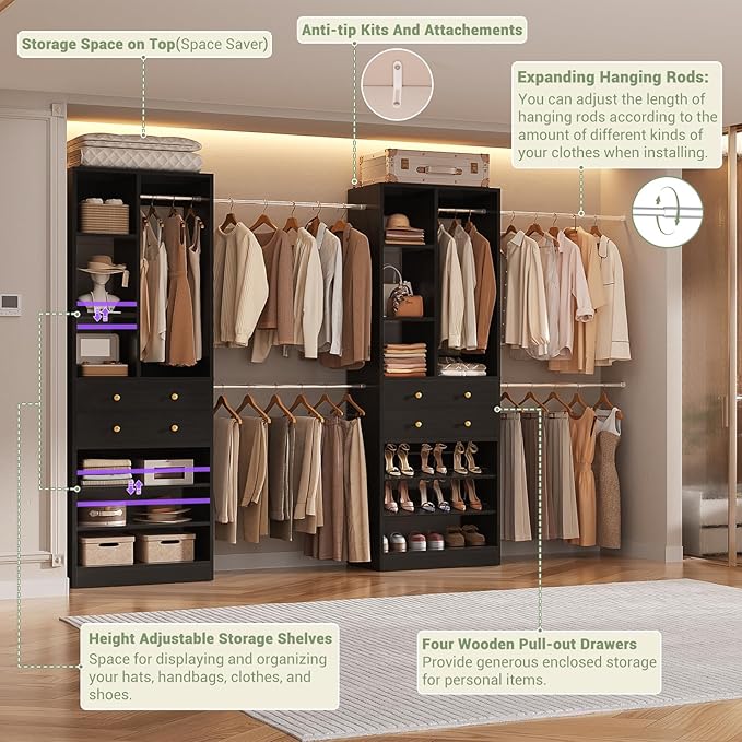 Closet System, Up to 134"/11.2 FT Closet Organizer with 4 Wooden Drawers and Shelves, Walk-in Closet System with 6 Hanging Rods, Built-in Closet Can Fit 96"/8FT, 120"/10FT, Black