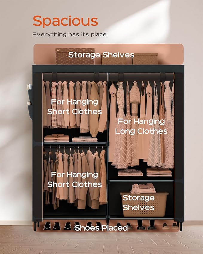 Clothes Rack, Portable Closet, 54.7 Inch Large Capacity Wardrobe Closet with Cover, Clothes Storage Organizer with Shelves and 3 Hanging Rods, Easy to Assembly, Black PCT122B01