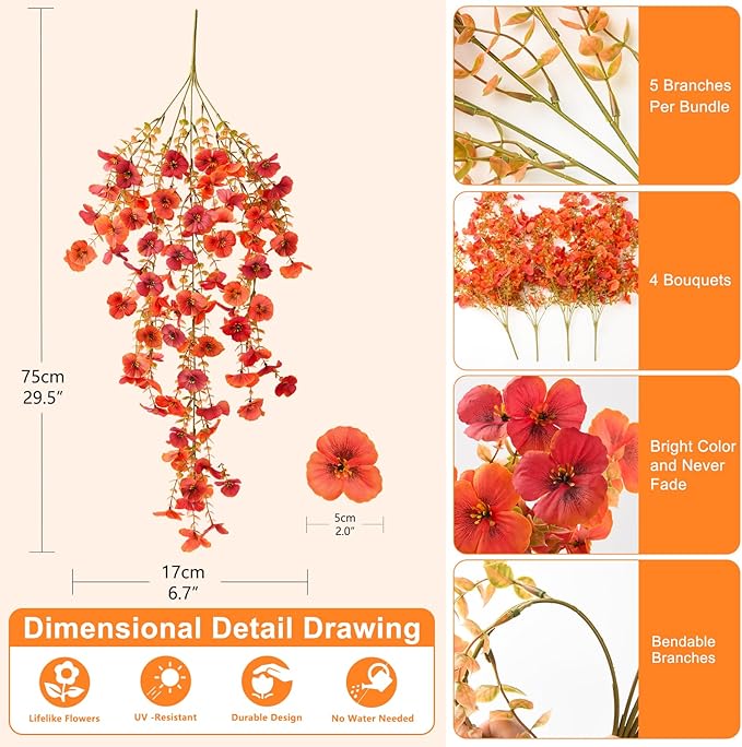 Artificial Fall Flowers for Outdoor, 4 Pcs Faux Pansy Fake Mums Plant Hanging Flowers Outdoor Fall Decor, UV Resistant Silk Flower for Front Door Porch Planter Patio Yard Garden(Orange Autumn Red)