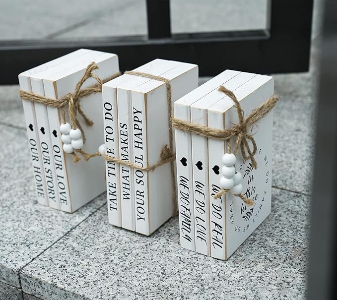3 Pieces Wooden Decorative White Books, Rustic Farmhouse Faux Books for Coffee Table Shelves with Wood Bead Tassels and Leaves, 7'x 4.6'x 2.5' (Prayed)