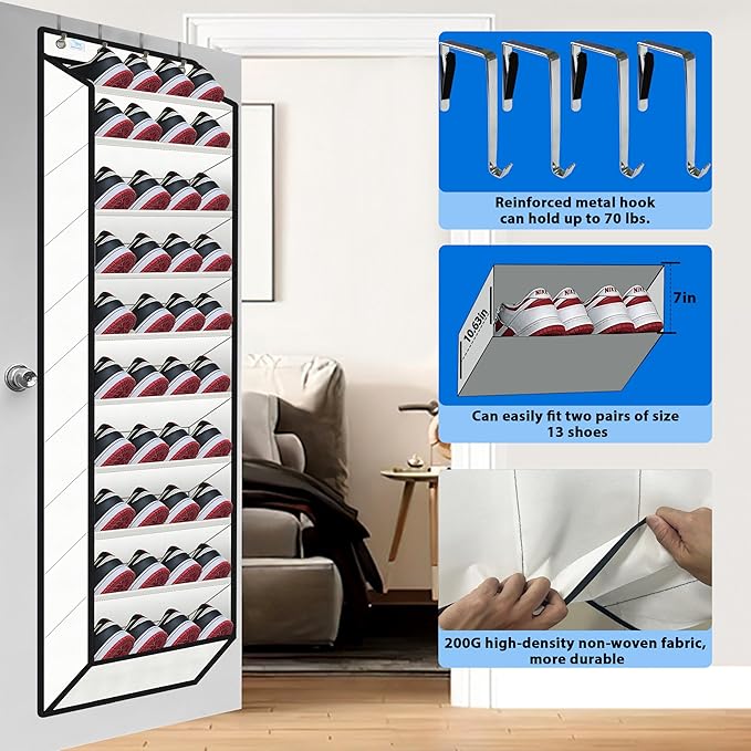 Over The Door Shoe Organizer, 70 Pounds Large Capacity, white shoe rack，20-30-Pair shoe organizer, Heavy Duty-Extra Deep Pockets ,Anti-Scratch Hooks & FSC-Certified Bamboo ,for Men’s Size 13 shoe