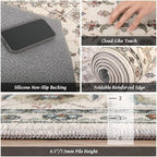 Washable 5x7 Area Rugs for Living Room, Boho Non-Slip Vintage Distress Rugs for Bedroom Dining Room Nursery Office, 0.3" Neutral Oriental Throw Thin Carpet with Cushioning Pad, Beige/Rust/Green/Multi