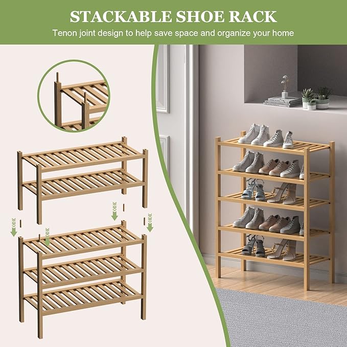 (Thick Bamboo Shoe Rack for Entryway, 2-Tier Free Standing Shoe Racks Stackable Shoe Rack Organizer for Hallway Closet Living Room 27 x12 x14 Inches