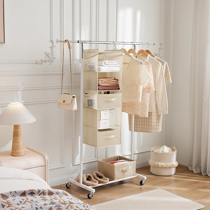 MAX Houser 5 Tier Shelf Hanging Closet Organizer, Cloth Hanging Shelf with 2 Sturdy Hooks for Storage, Foldable (Beige-D2)
