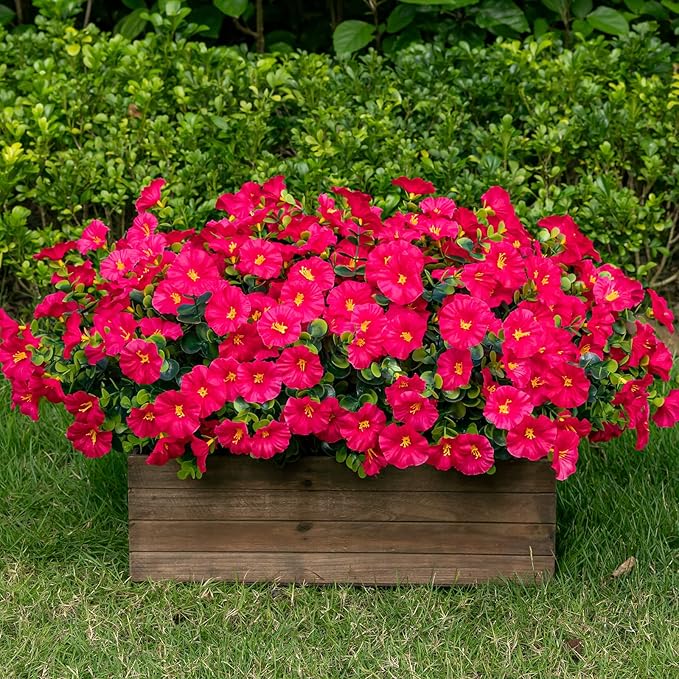Lnoicy Artificial Flowers for Outdoor 12 Bundles Eucalyptus Fake Flowers for Planter,UV Resistant Fake Morning Glory for Home/Porch/Garden Decoration（Rose Red）