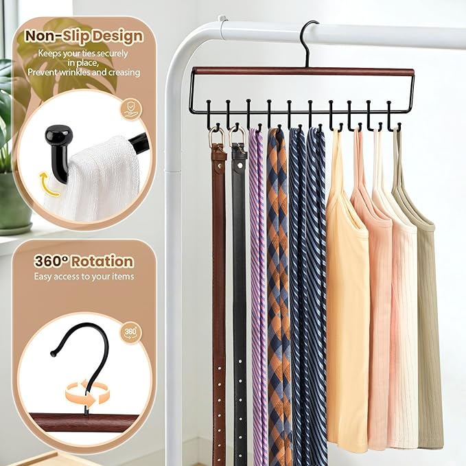 2PCS Tie Rack Hanger for Closet Upgraded 2-in-1 Tie and Belt Hanger Non Slip Tie Rack with 20 Hooks Tie Hanger Space Saving Wooden Belt Tie Organizer for Tank Tops Bras Cami Scarves, Walnut Color