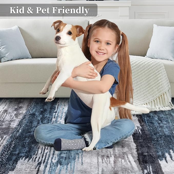 Ciicool 2x6 Washable Runner Rug, Modern Abstract Hallway Rugs Runner, Non-Slip Thin Accent Rug Lightweight Navy Grey Print Distressed Carpet for Laundry Entryway Bedroom Kitchen Bathroom Indoor