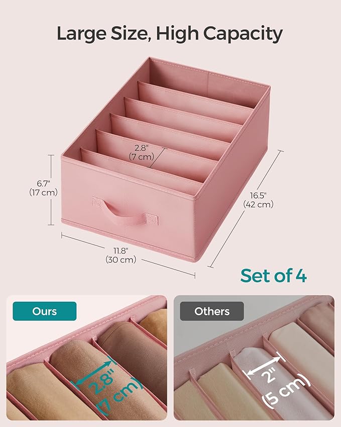 SONGMICS Set of 4 Large Size Wardrobe Clothes Organizers, 6-Compartment Foldable Drawer Organizers with Handles, 16.5 x 11.8 x 6.7 Inches, for Pants, Sweaters, Jeans, Jelly Pink URUS009R01