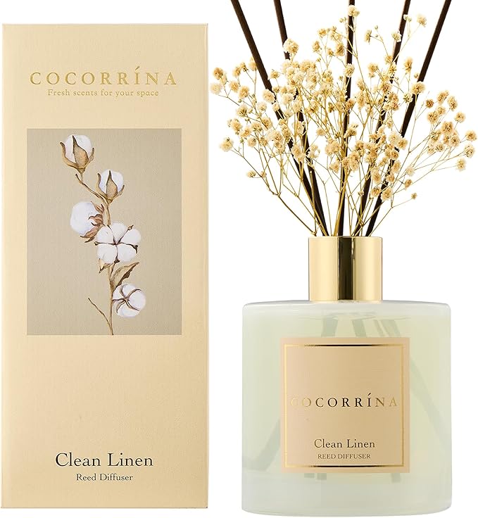 COCORRÍNA Reed Diffuser - Clean Linen 17 Fl.oz Reed Diffuser with 8 Sticks Scented Diffuser with Preserved Flowers for Bathroom Home Decor