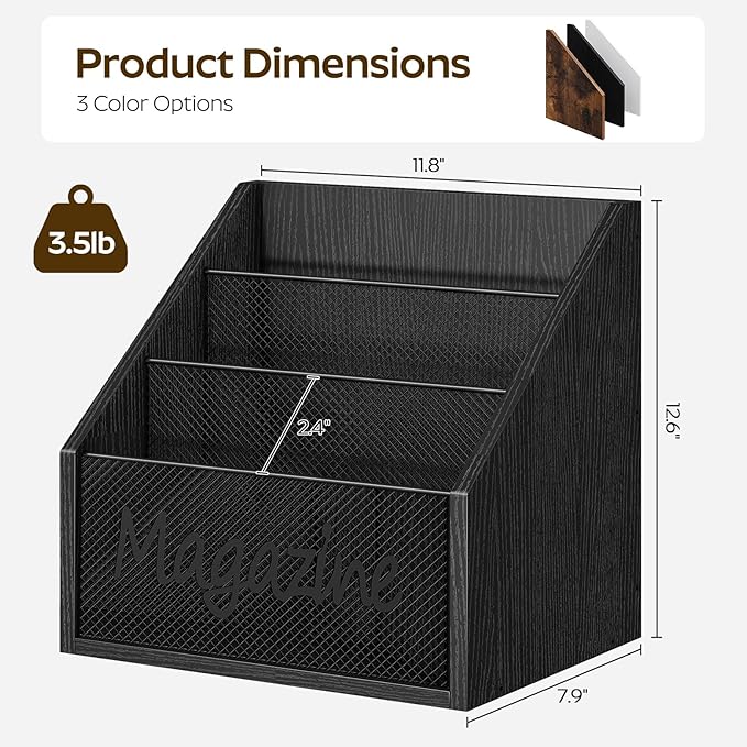 YATINEY Magazine Holder, Wood Magazine Rack Floor, Mail Organizer Countertop, Magazine Mail Holder Sorter, Record Holder for Magazines, Books, Newspapers, Tablets, Black MR02BB