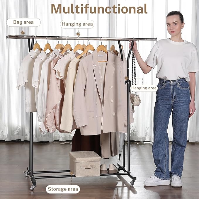 Clothing Rack, Heavy Duty Clothes Racks with Wheels and Bottom Shelf, 52.36’’ Metal Double Clothing Racks with Wheels, Wardrobe Rack for Hanging Clothes, Coats, Shirts, Skirts, Dresses, Black