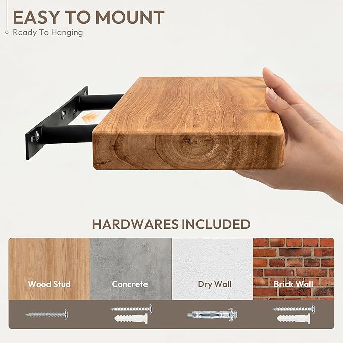 Marsmiles 55 inch Floating Shelves for Wall Solid Elm Wood Wall Mounted Shelves|Rustic Long Floating Shelves with Invisible Bracket for Bathroom Kitchen|Rounded Edge|Natural, 1 Pack