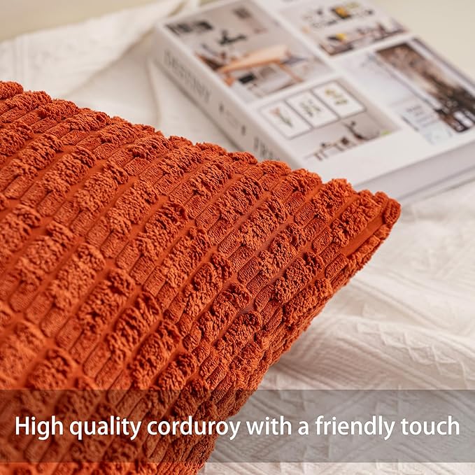 Aegero Pack of 2 Corduroy Decorative Throw Pillow Covers 24x24 InchSoft Striped Pillow Covers Modern Farmhouse Home Decor for Sofa Living Room Couch Bed（Rust）