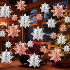 OuMuaMua Winter Christmas Snowflake Decorations Indoor, 24PCS 3D Silver Rose Gold Snowflakes Christmas Hanging Ornaments for Home Xmas Christmas Holiday Winter Wonderland New Year Party Decor Supplies