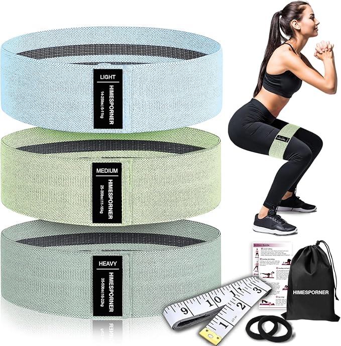 Wide Fabric Resistance Bands for Working Out, 3 Level Non-Slip Exercise Booty Bands for Women & Men Leg and Glutes with Hair Ties and Tape Measure - for Home Gym Workout, Yoga, Pilates