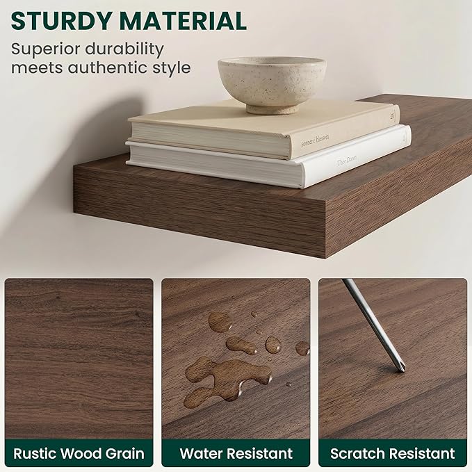 Floating Shelves for Wall 36 in x 9.3 in Deep, Wall Mounted Rustic Wood Shelf with Invisible Brackets for Storage & Display, Living Room Bedroom Bathroom, Walnut, 2 Pack